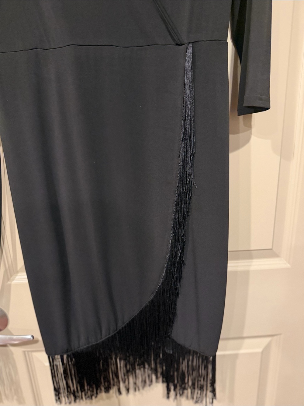 Worn once to a wedding. Neiman Marcus Black Fringe Wrap Midi Dress - Picture 4 of 4